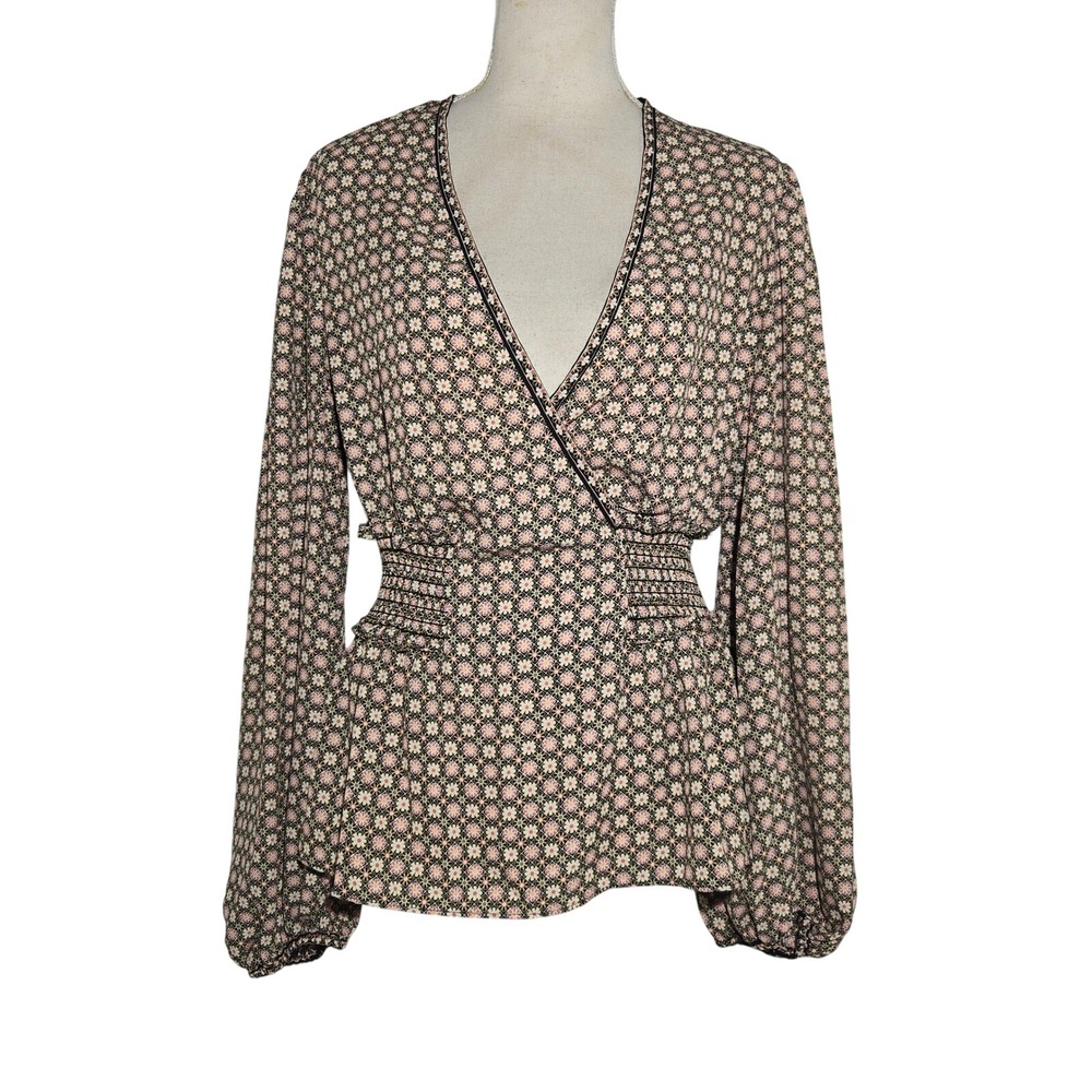 MAX STUDIO Sz L Womens Wrap Blouse Floral Print Long Sleeve Smocked Waist Top